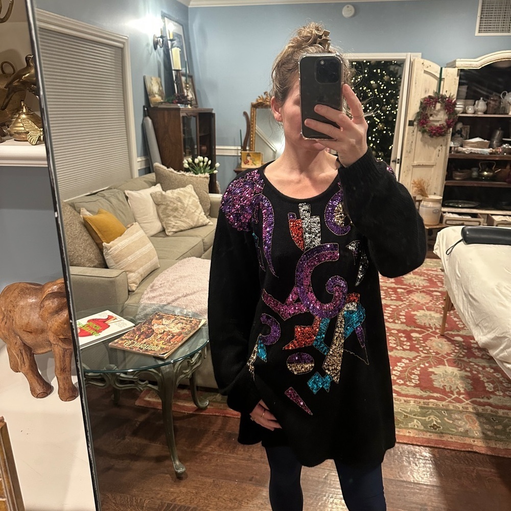 Colorful Vintage Silk blend Geometric Holiday Sequin Sweater - Picture 12 of 12